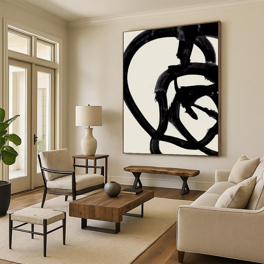 Minimalist Canvas Art Black and Beige Curved Abstract Art PT804