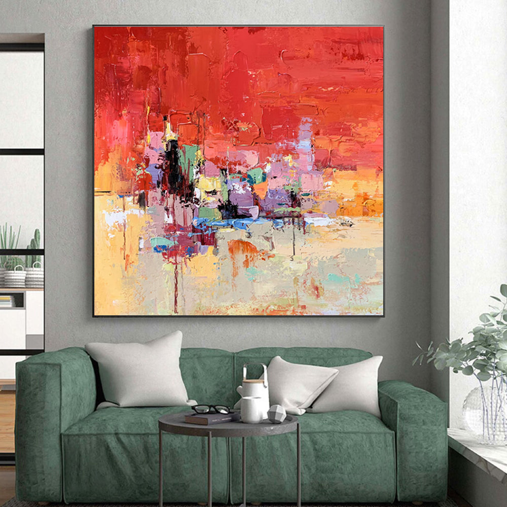 Hand-Painted Red Multicolor Textured Abstract City Art PT387