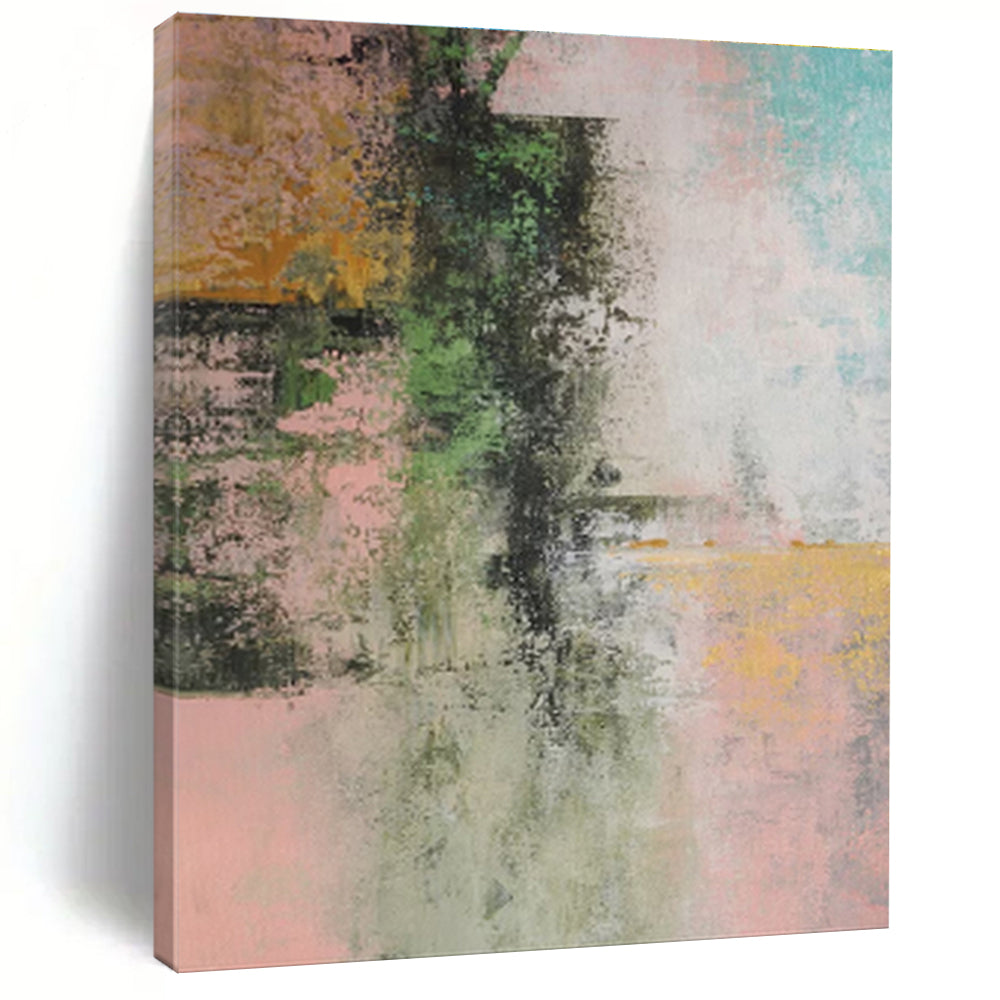 Large Painting In Living Room with Green, Pink, Teal, and Yellow Abstract Design, Handmade Art PT288