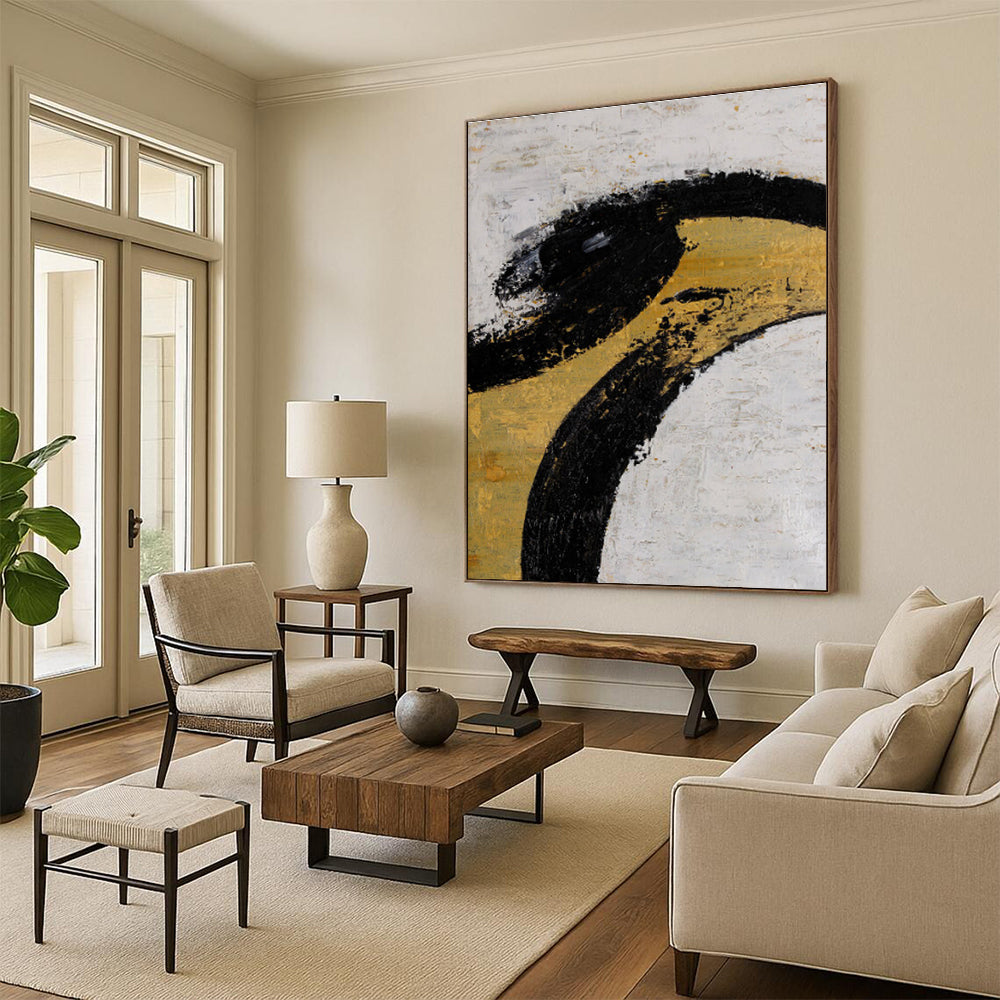 Unique Abstract Art with Black, Gold, and White, Handmade Art Piece PT285