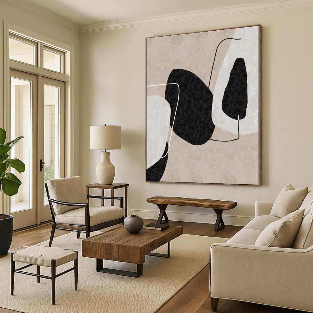 Minimalist Canvas Art Black, Beige, and White Organic Abstract Art PT691