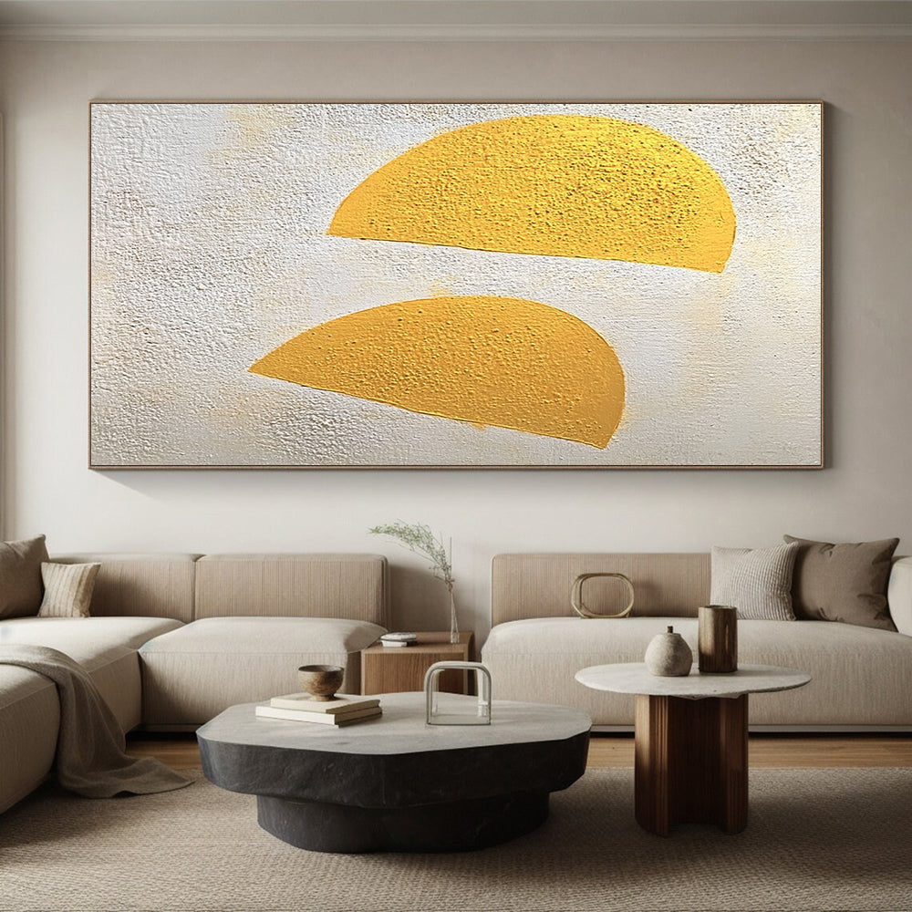Large Abstract Painting For Living Room With Gold, White Textured Semi-Circles On Canvas PT191