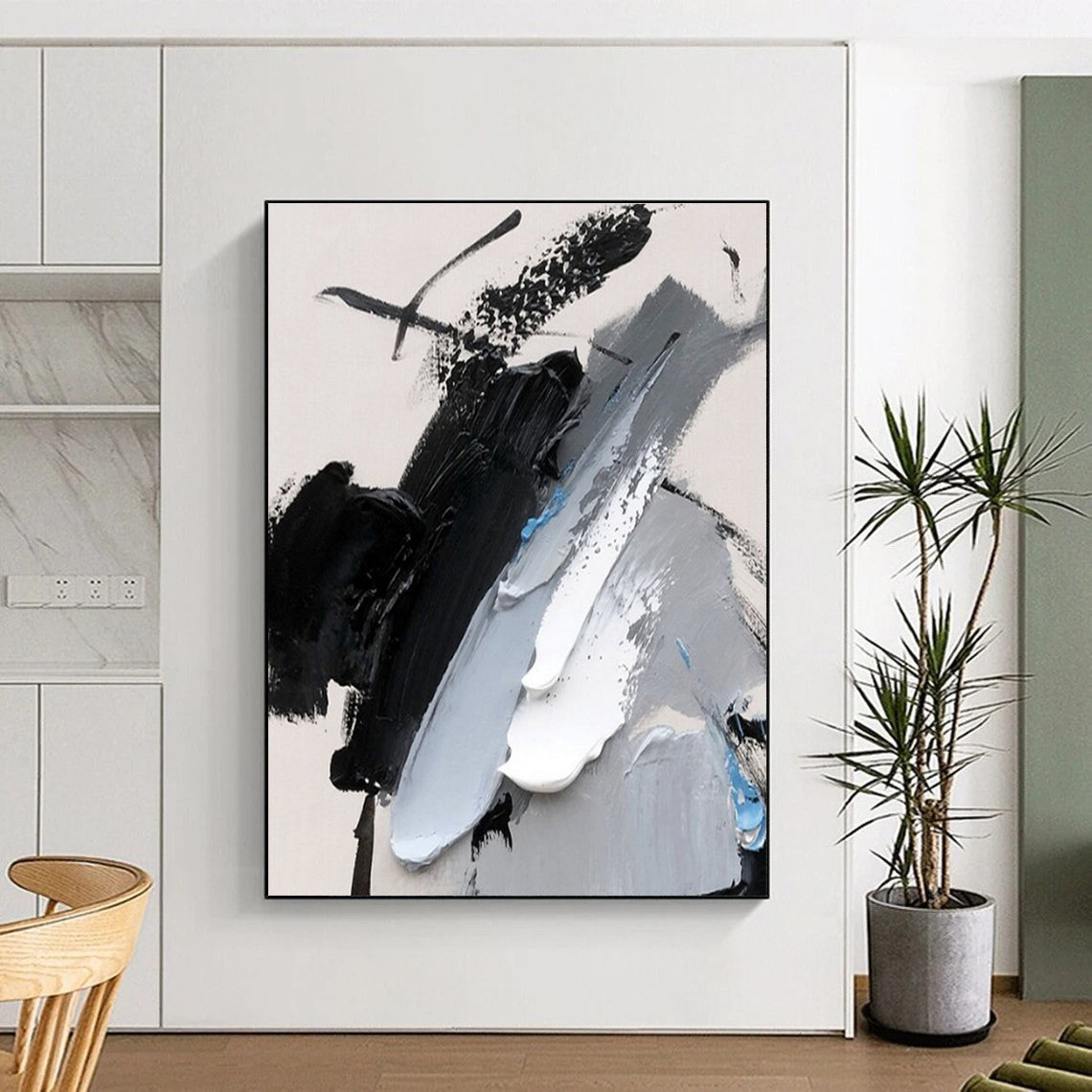 Acrylic Modern Art Paintings - Black, Gray, White & Blue Textured Abstract Art PT585