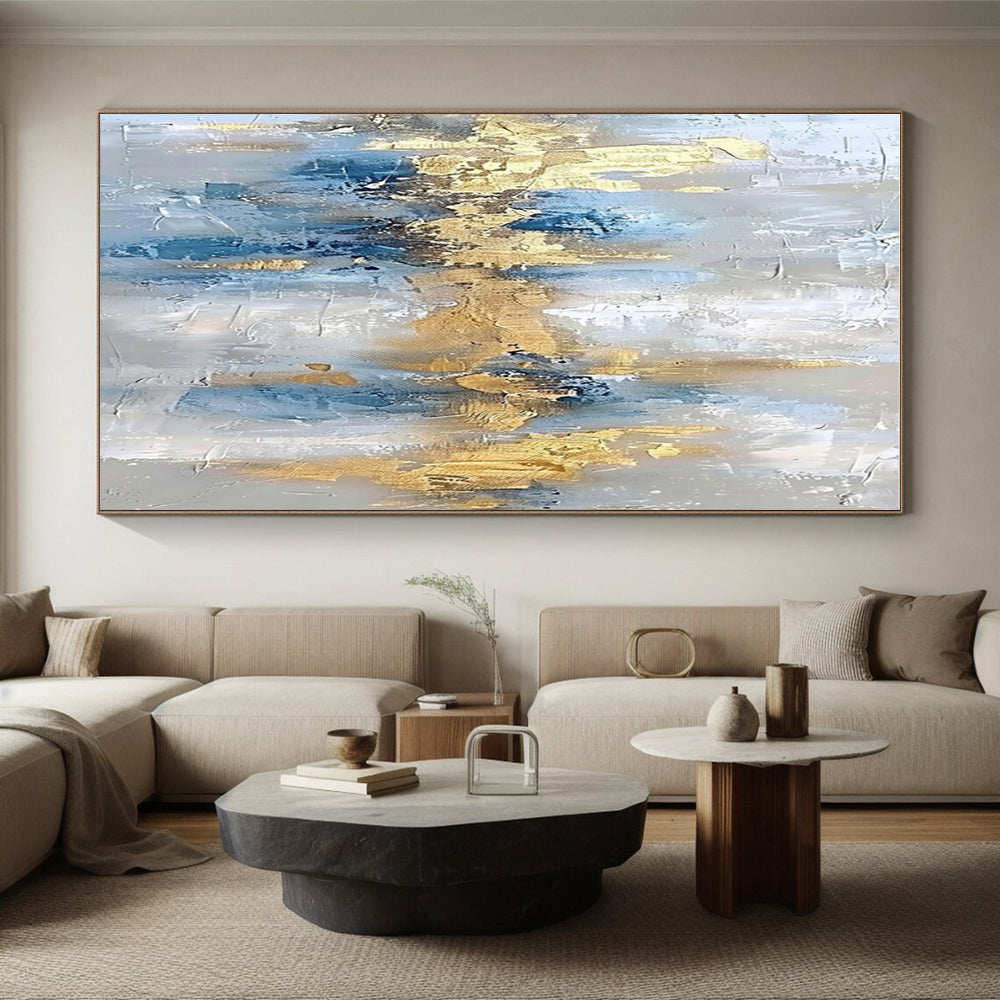 Unique Abstract Art Blue, Gold, and Gray Textured Abstract Art PT655