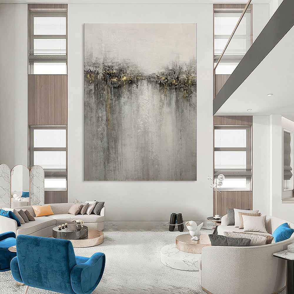 Hand-Painted Gray & Gold Abstract Textured Cityscape, Paintings For House DPS511