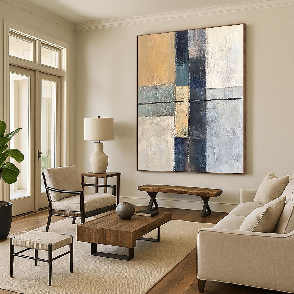 Big Abstract Painting On Canvas, Beige Blue Gray Abstract Geometric Art On Canvas PT153