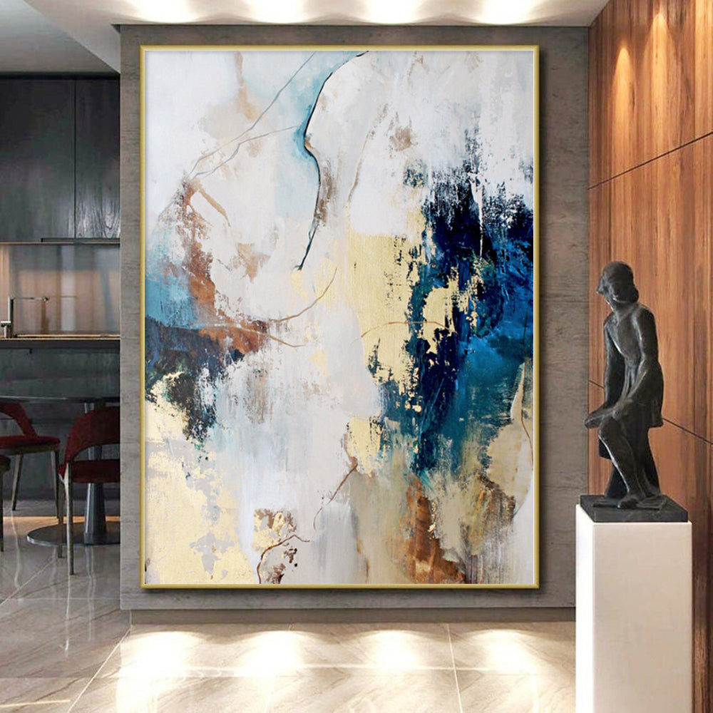 Hand-Painted Blue, Beige, and Gold Abstract Art with Dynamic Brushstrokes PT011