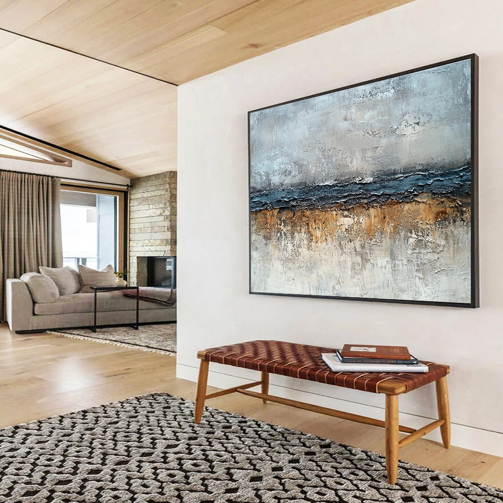 Large Size Gray, Blue, and Brown Textured Abstract Landscape Art HPS304
