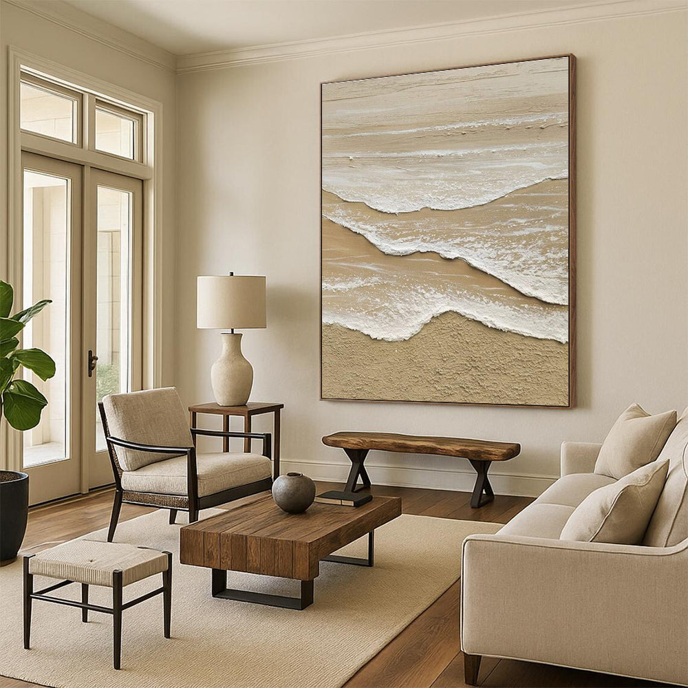 Large Contemporary Wall Art Beige & White Textured Beach Waves, Cool Abstract Paintings DPS492