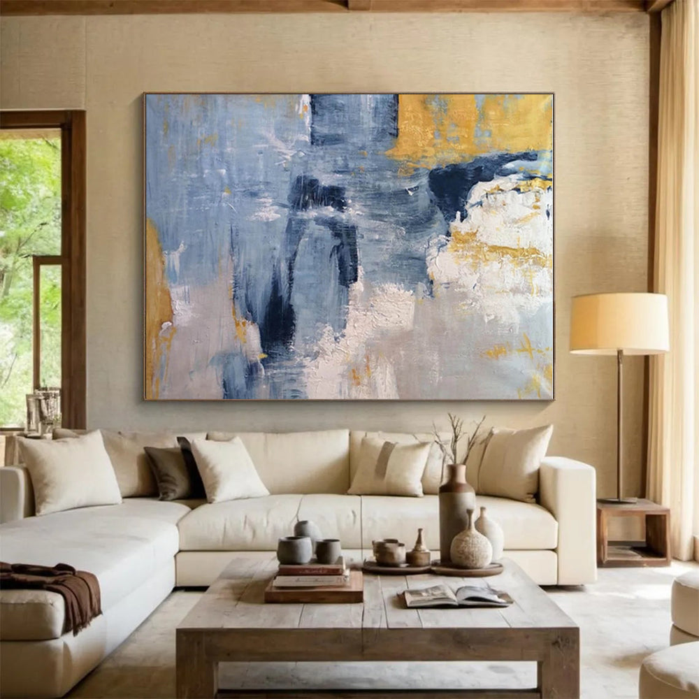 Modern Art Acrylic in Blue, Grey, Yellow, and White Abstract Textural Layers PT248