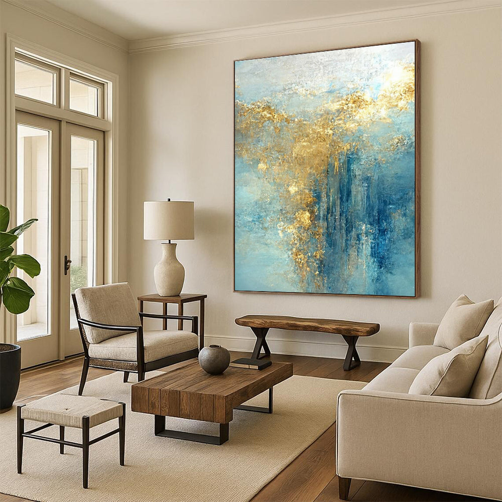 Large Size Blue and Gold Abstract Art with Flowing Textures PT227