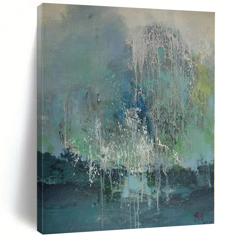 Handmade Art Blue, Green & White Textured Abstract Painting On Canvas PT044