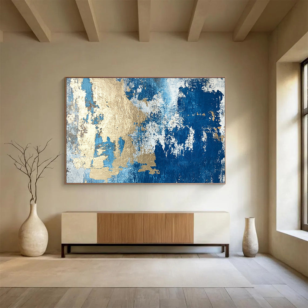 Large Size Blue, Gold & White Textured Abstract Painting HPS262