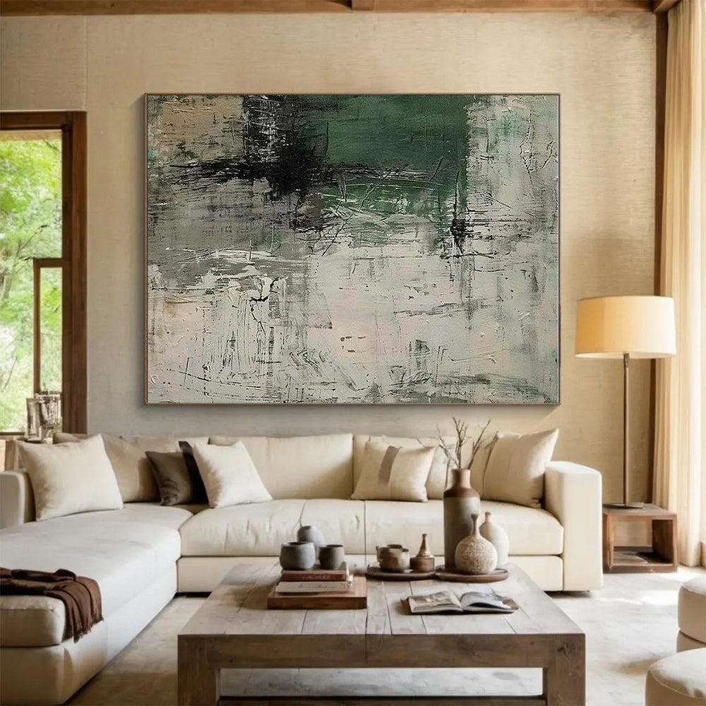 Hand-Painted - Green, Gray & Beige Textured Abstract Art with Dynamic Lines PT598