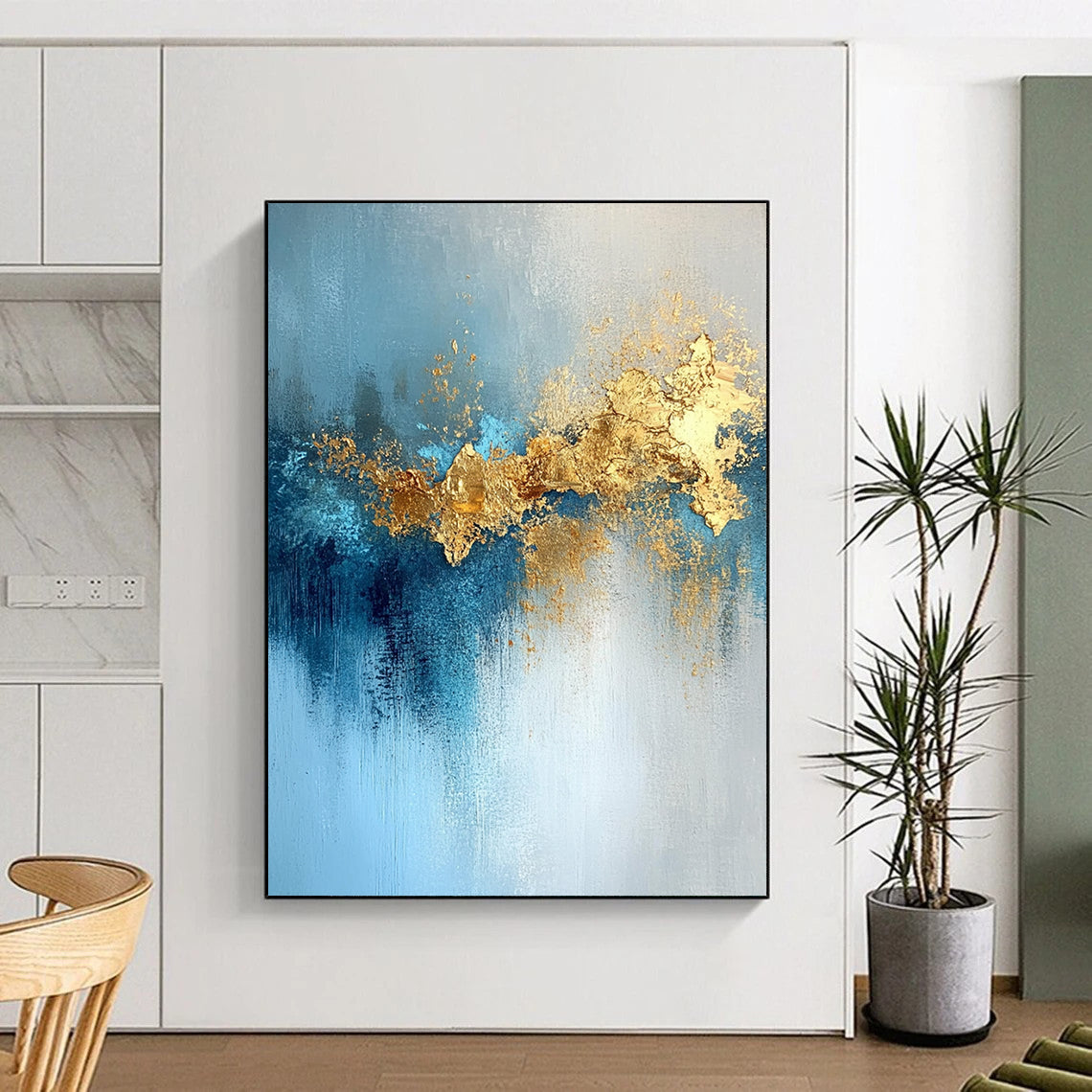 48x60 Blue, Gold & Gray Textured Abstract Painting On Canvas PT116