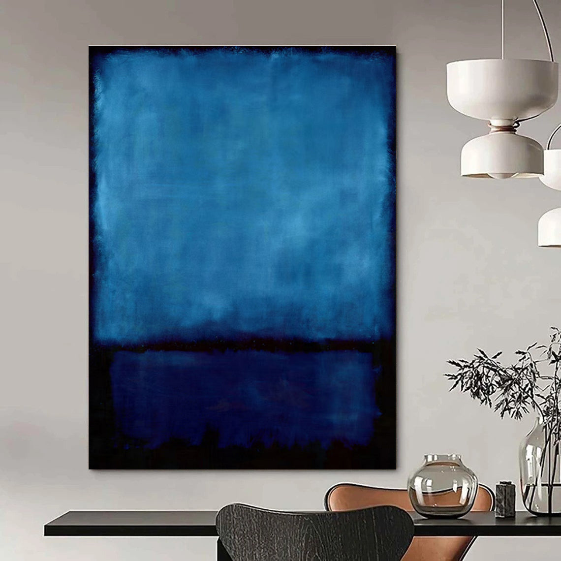Hand-Painted Deep Blue & Black Abstract Color Block, Modern Art Acrylic DPS496
