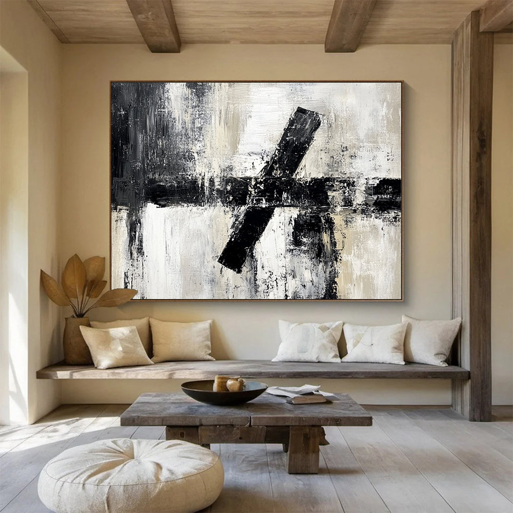 Cool Abstract Paintings Black, White & Beige Textured Geometric Abstract Painting HPS260