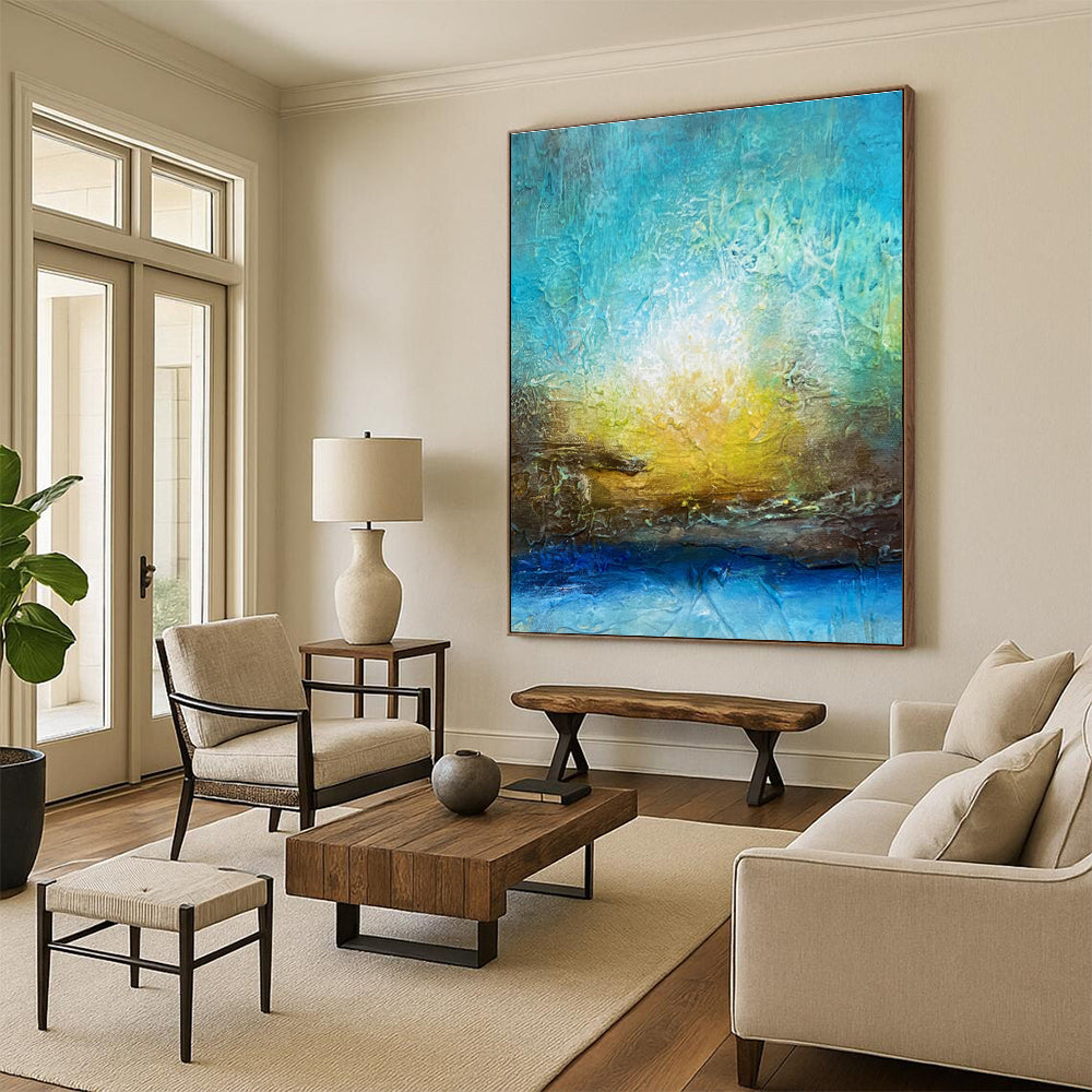 Cool Abstract Paintings with Turquoise, Yellow, and Blue, Hand-Painted Modern Art PT290