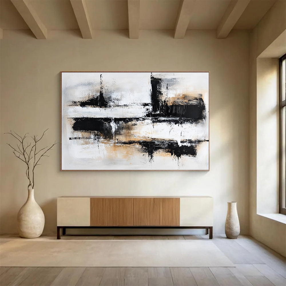 Large Contemporary Wall Art Black, White, and Beige Abstract Urban Scene HPS306