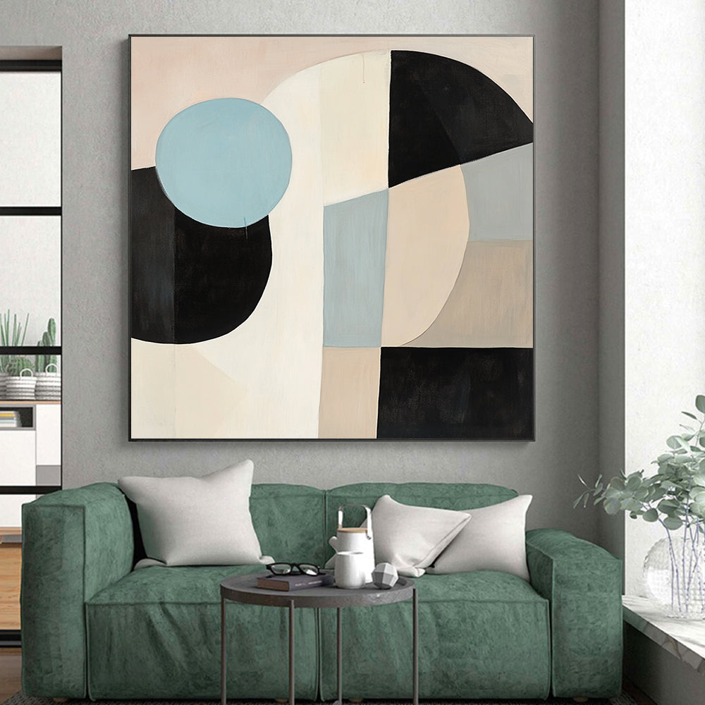 Modern Large Abstract Canvas Painting, Black White Blue Beige Abstract Geometric Art PT167