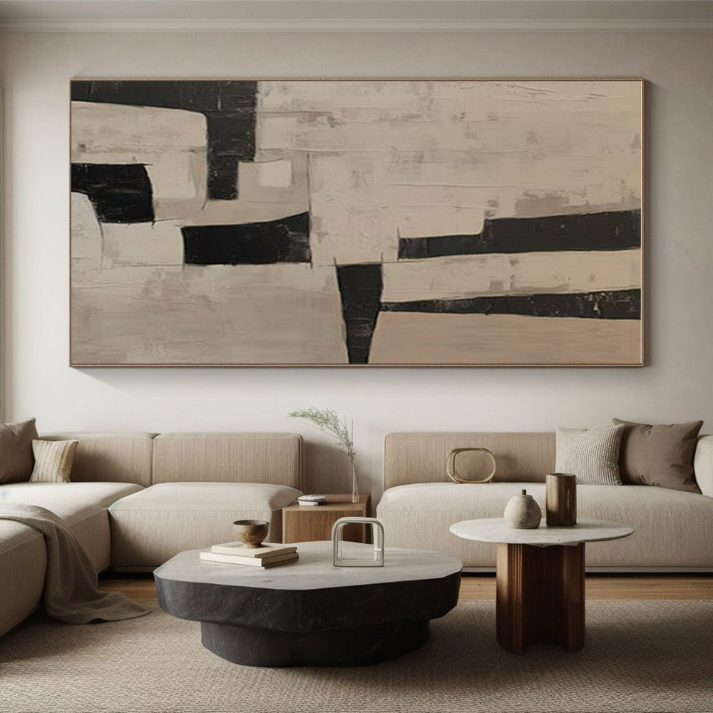 Minimalist Canvas Art Black and Beige Geometric Abstract Art PT634