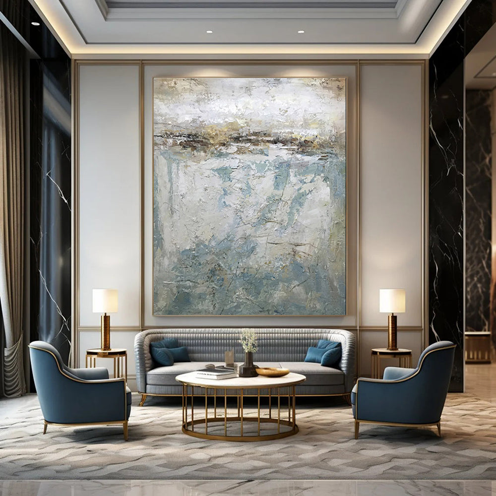Huge Size Beige, Blue & Gray Abstract Landscape, Large Contemporary Wall Art DPS512