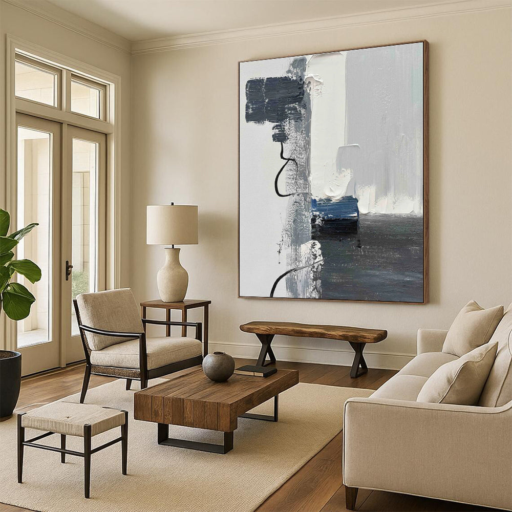 Minimalist Canvas Art Gray White Blue Abstract Textured Art PT465