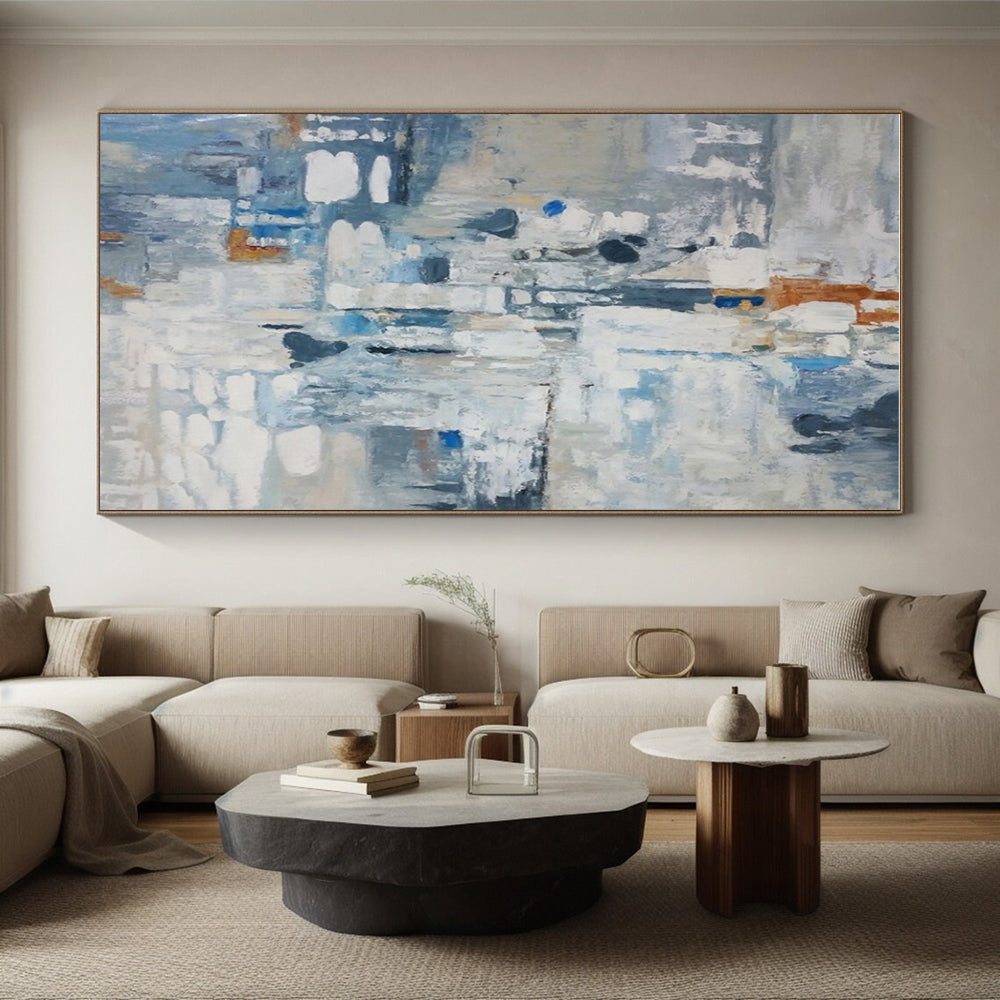 Large Size Blue, Gray, and White Abstract Painting with Fluid Forms, Large Painting In Living Room PT207