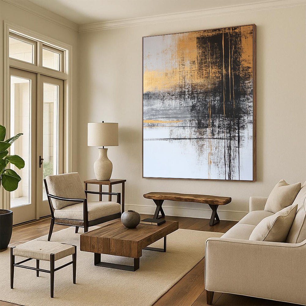 Original Large Abstract Paintings For Sale With Gold, Black, Gray Abstract Brushstrokes On Canvas PT182