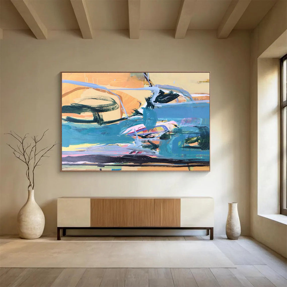 Large Painting In Living Room Teal, Orange & Pink Abstract Fluid Art HPS167