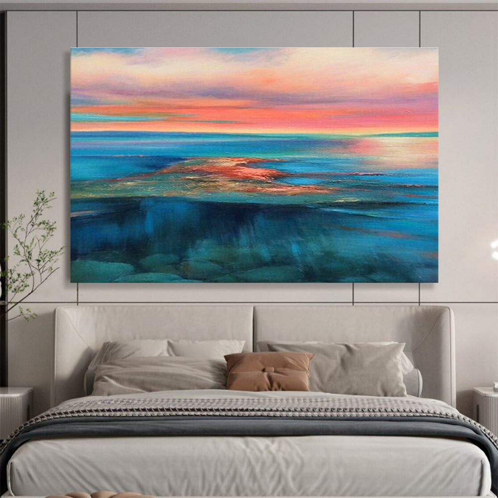 Hand Painted Art Pink, Blue & Teal Abstract Sea & Sky Art HPS182