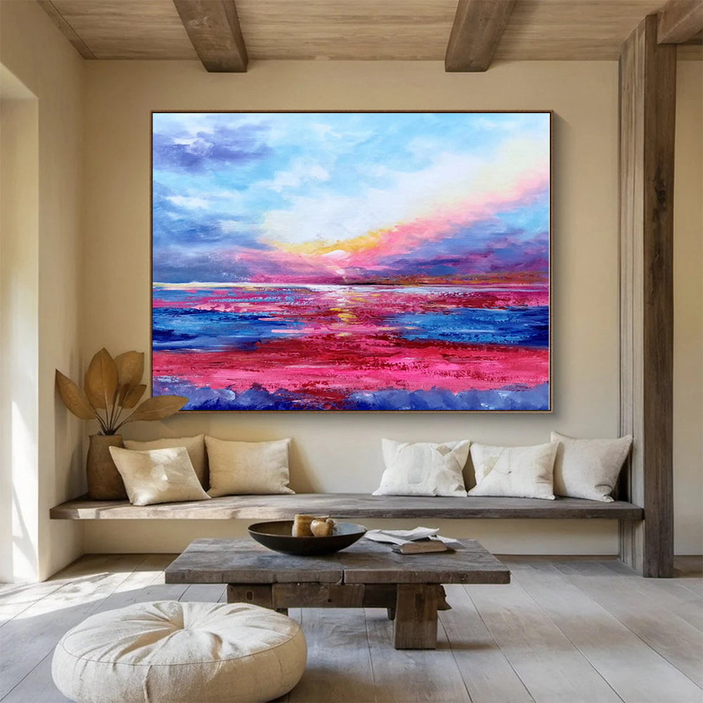 Hand-Painted Pink, Blue & Purple Sunset Sea Abstract Painting On Canvas HPS076