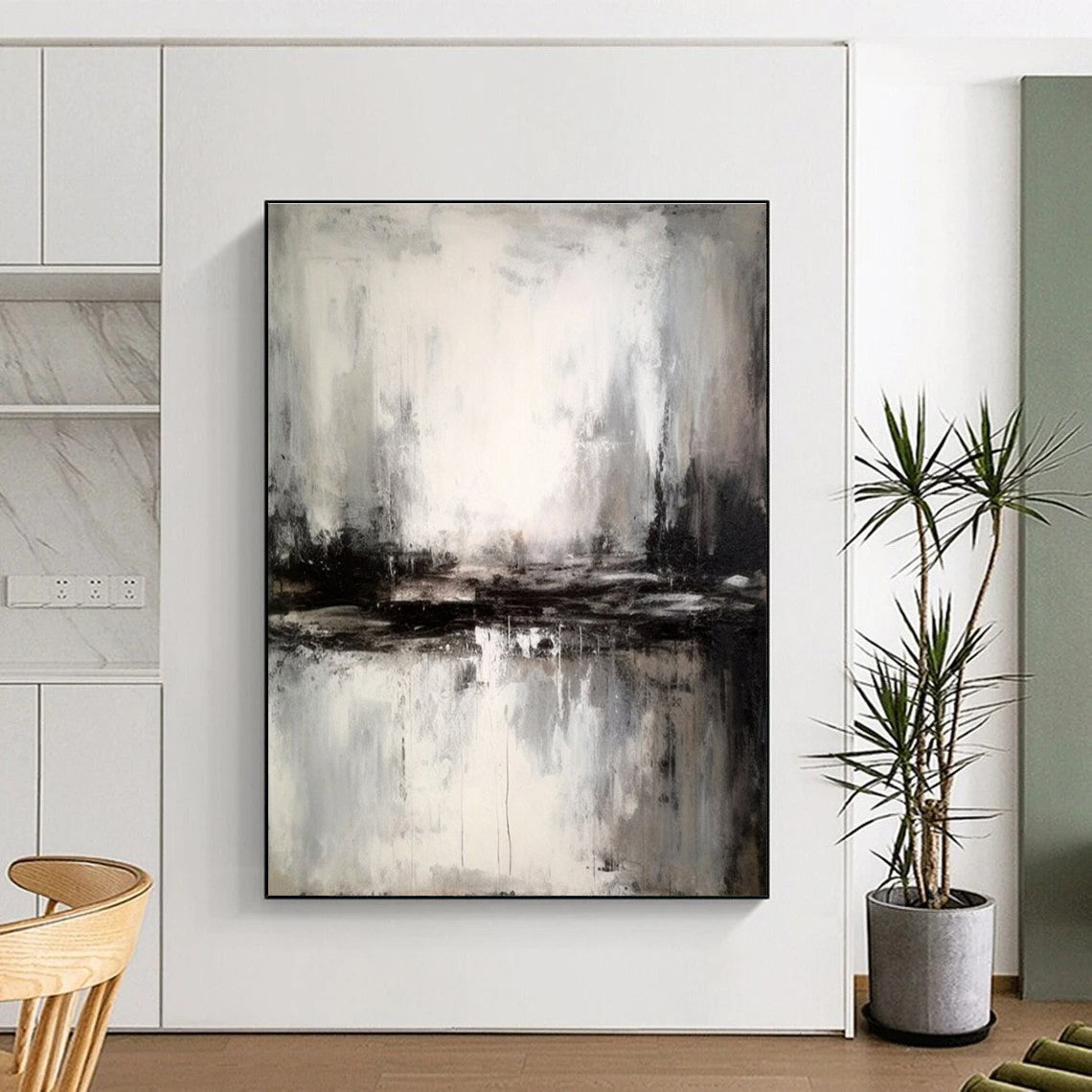 Minimalist Canvas Art Black and White Abstract Misty Landscape, Modern Art Acrylic PT528