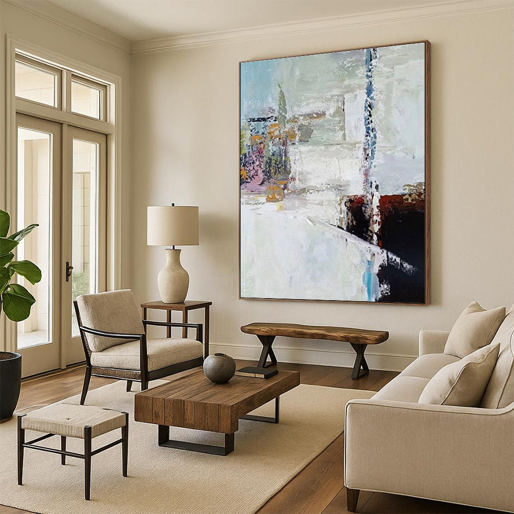 Handmade Art with White, Black, Brown, and Blue Textured Abstract Composition, Paintings For House PT214