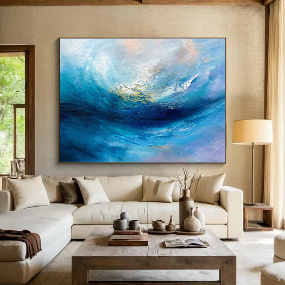 Hand-Painted Blue & Purple Ocean Wave Abstract Painting On Canvas HPS071