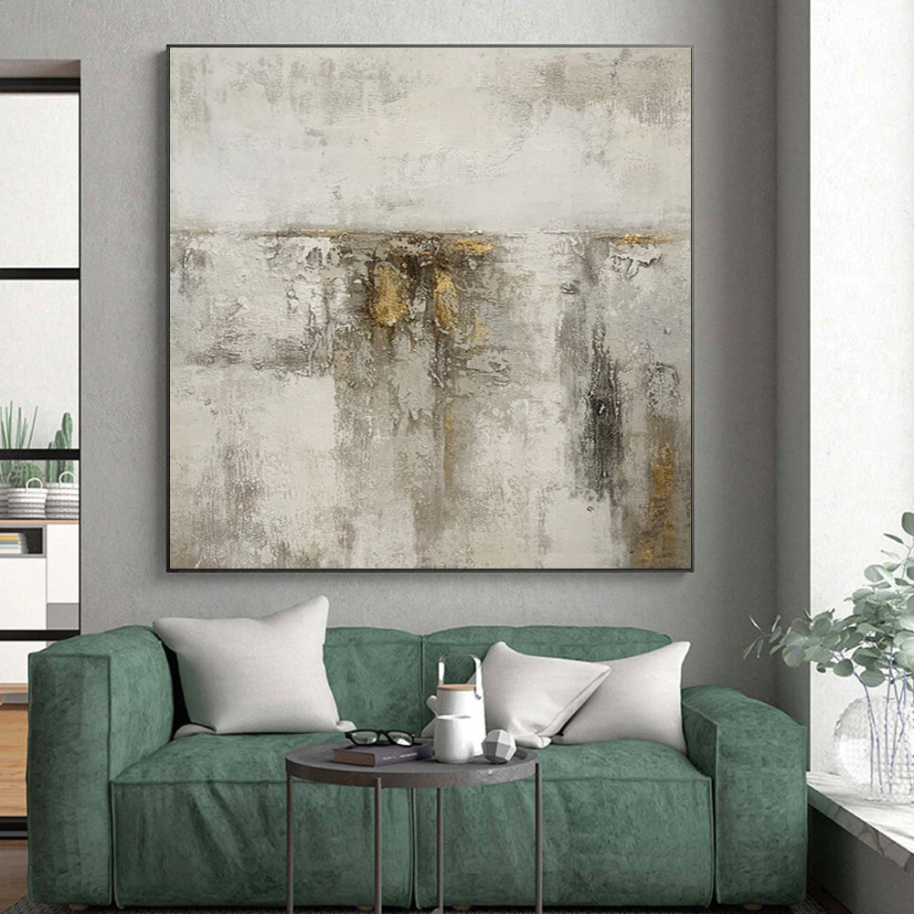 Large Painting In Living Room Gray Beige Gold Textured Abstract Art PT418