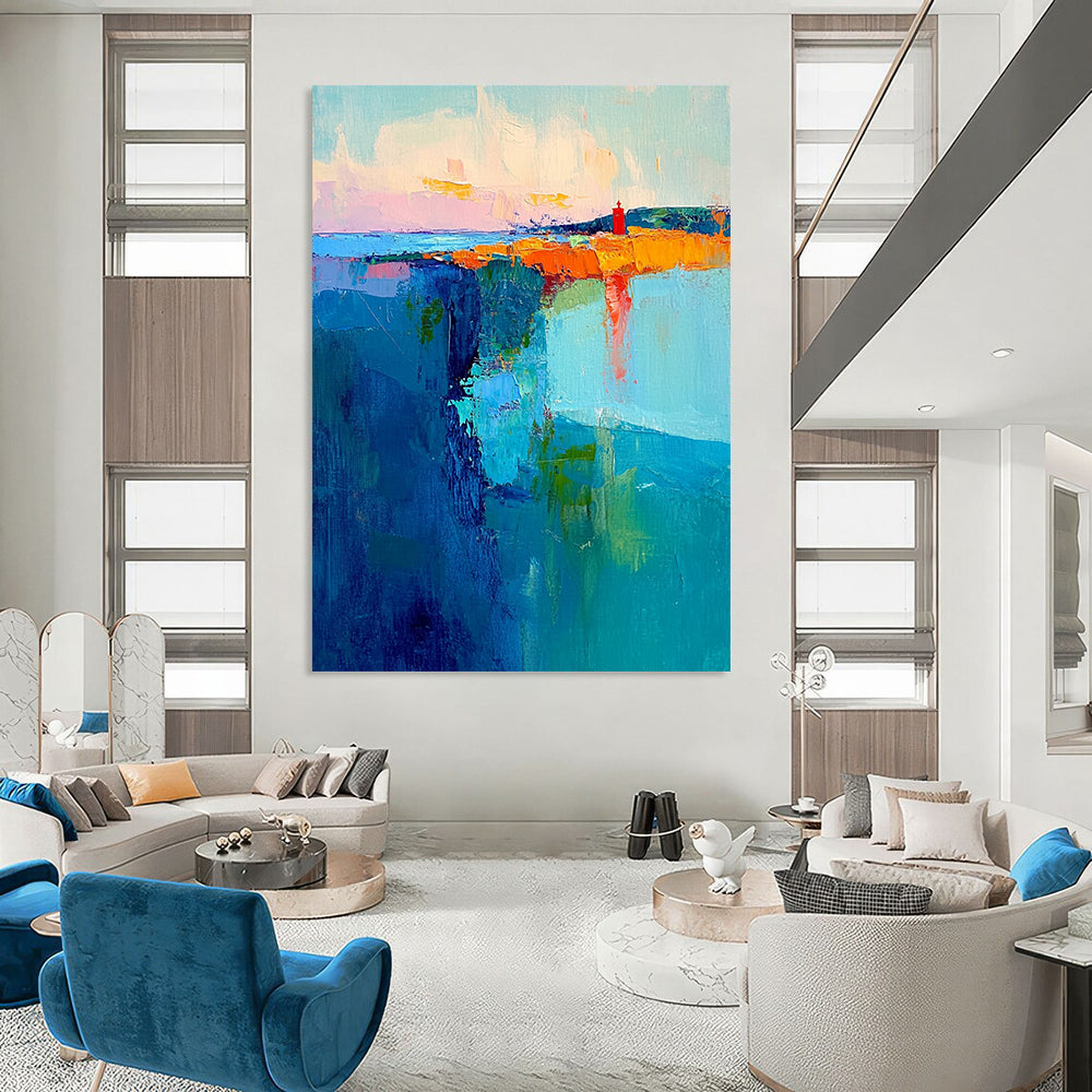 Acrylic Modern Art Paintings Colorful Coastal with Red Lighthouse Abstract Landscape DPS431
