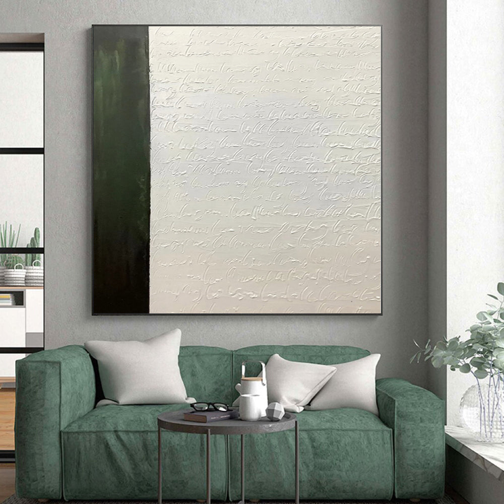 Hand-Painted Green & White Textured Calligraphic Abstract Painting On Canvas PT041