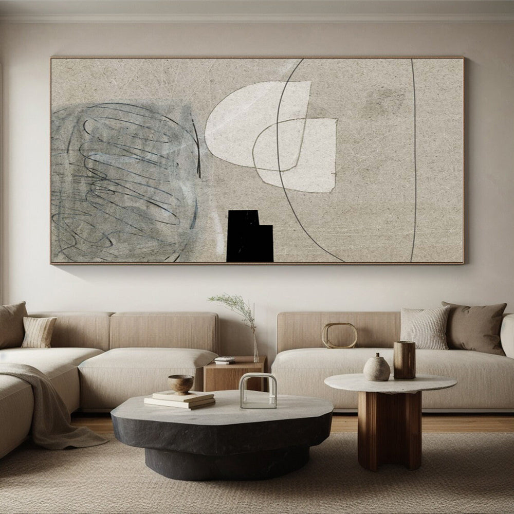 Minimalist Canvas Art in Beige, White, and Black Abstract Geometric Shapes PT242
