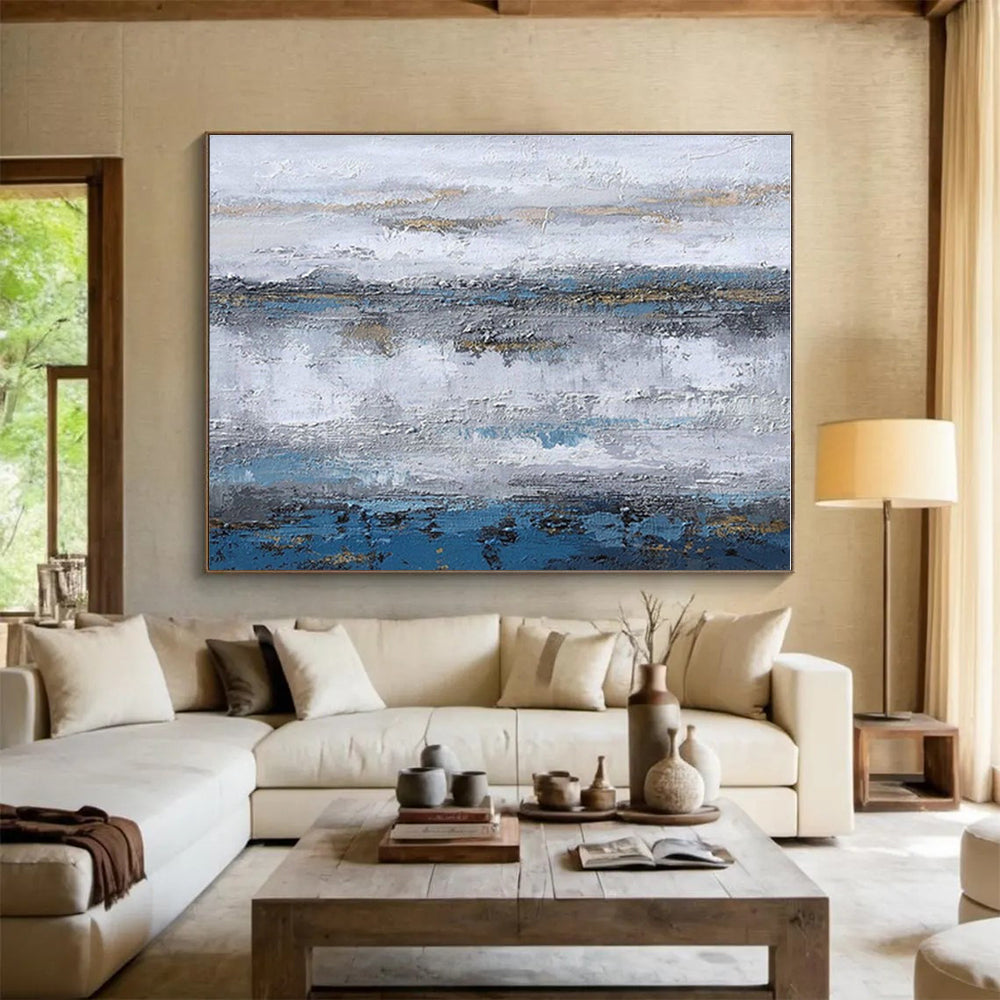 Cool Abstract Paintings Blue, Gray & Gold Textured Abstract Painting On Canvas HPS124