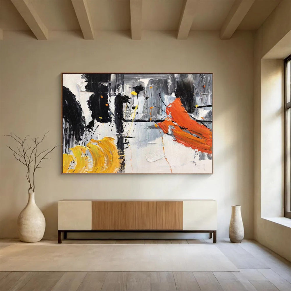 Hand-Painted Black, White, Orange & Yellow Dynamic Abstract On Canvas HPS061