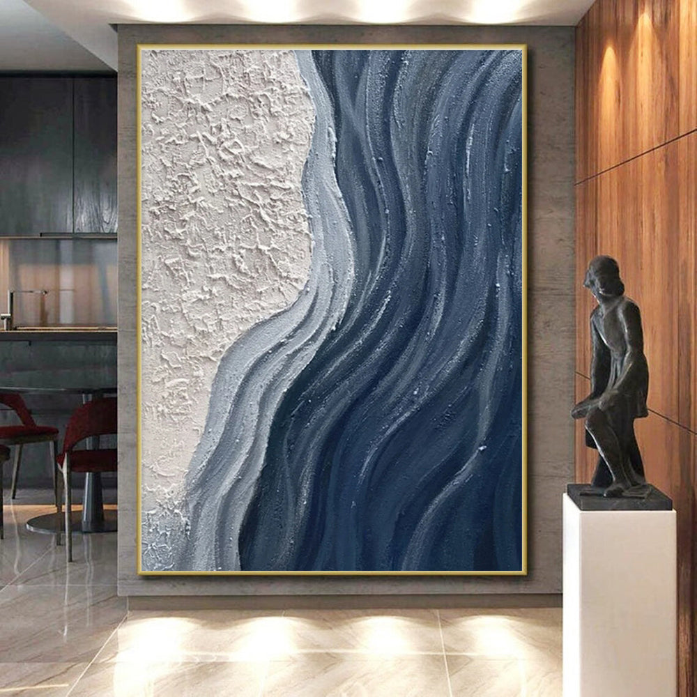 Large Size Beige Navy Textured Abstract Wave Acrylic Art PT444
