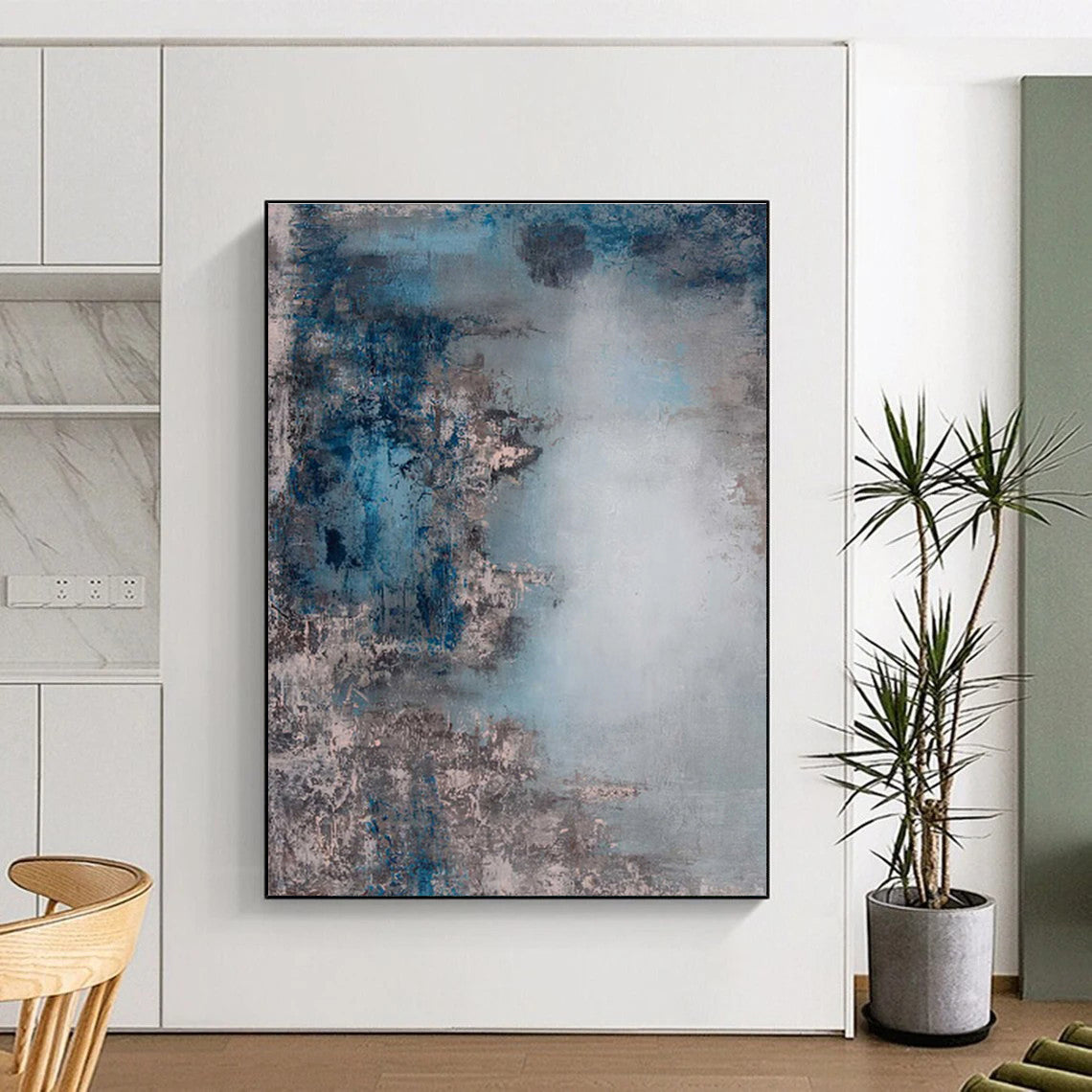 Minimalist Canvas Art in Blue and Gray Tones, Hand Painted Abstract Piece PT282