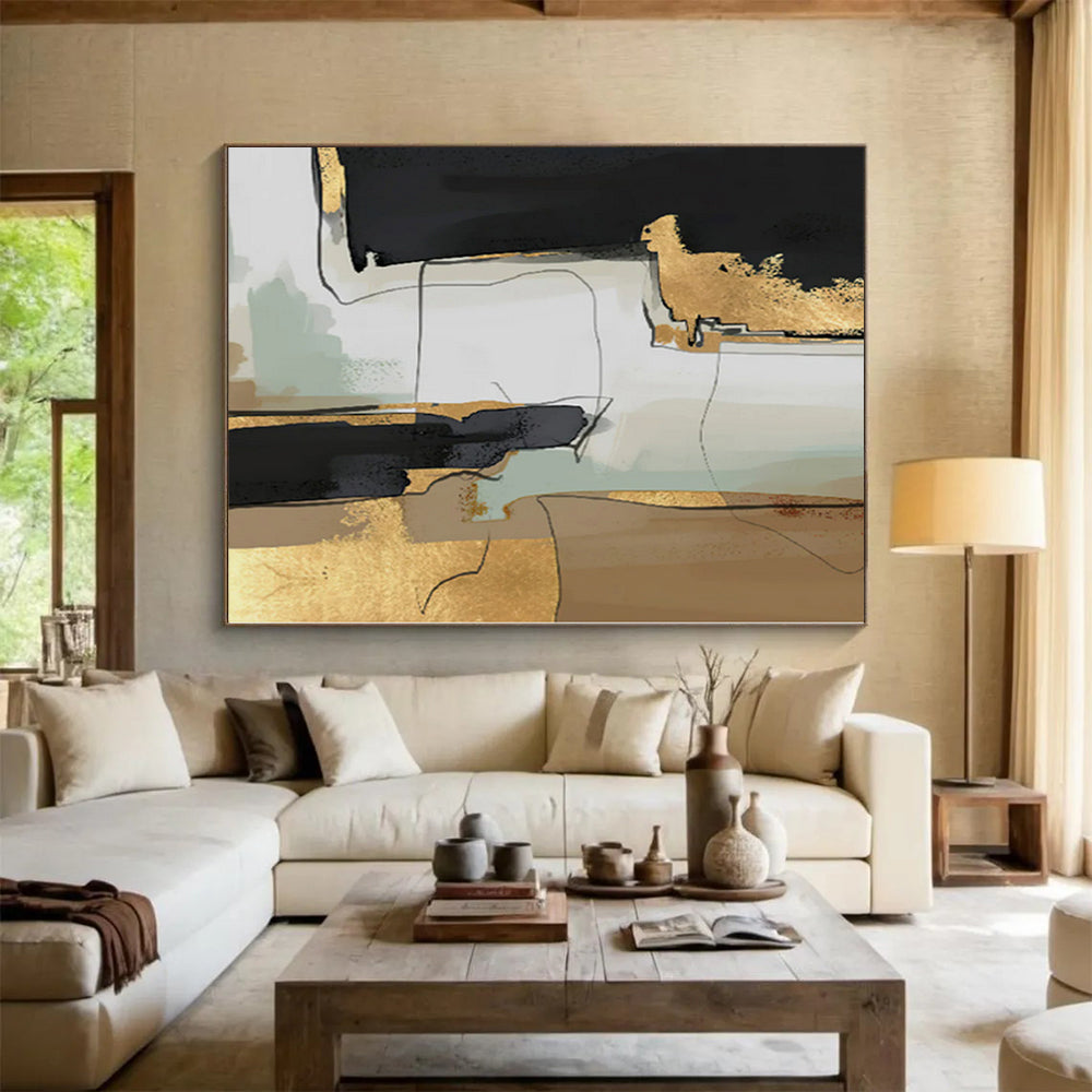 Oversized Abstract Wall Art Black, Gold & Gray Textured Abstract Painting On Canvas PT088