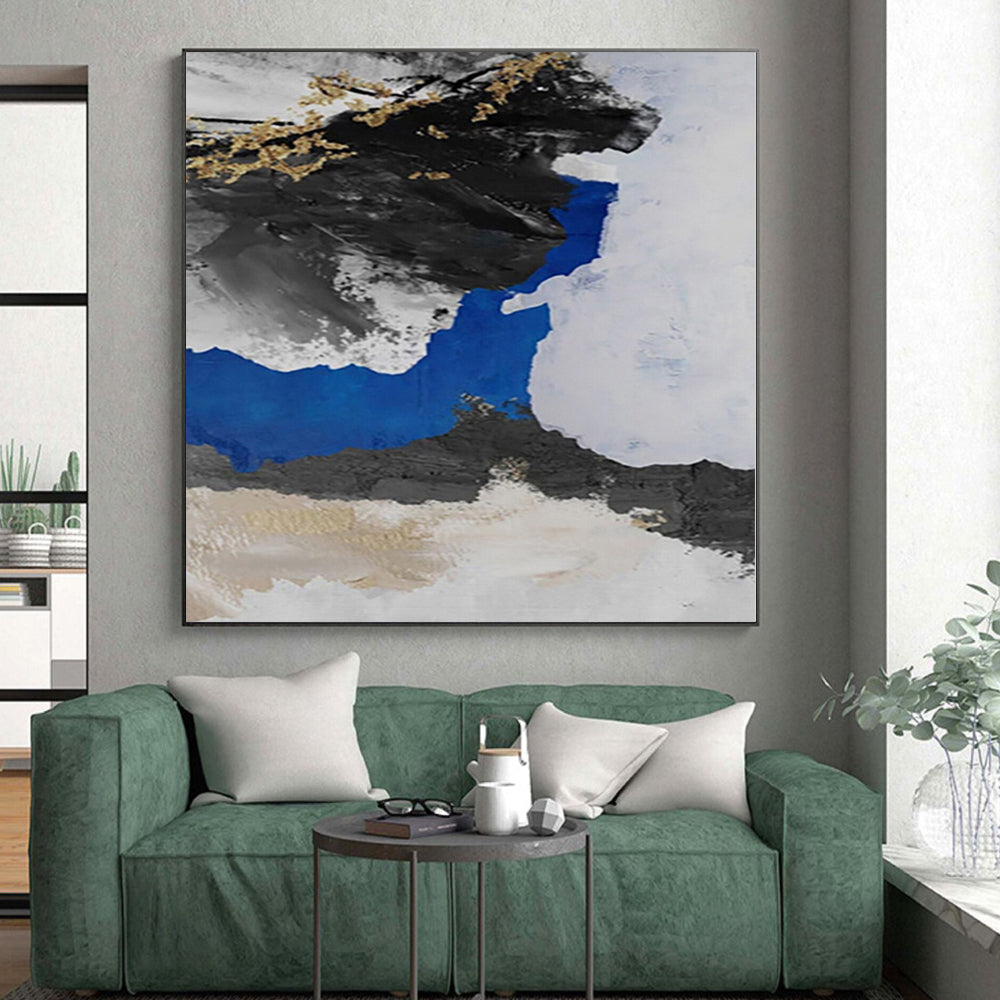 Hand Painting Black, White, Blue & Gold Textured Abstract Painting On Canvas PT052