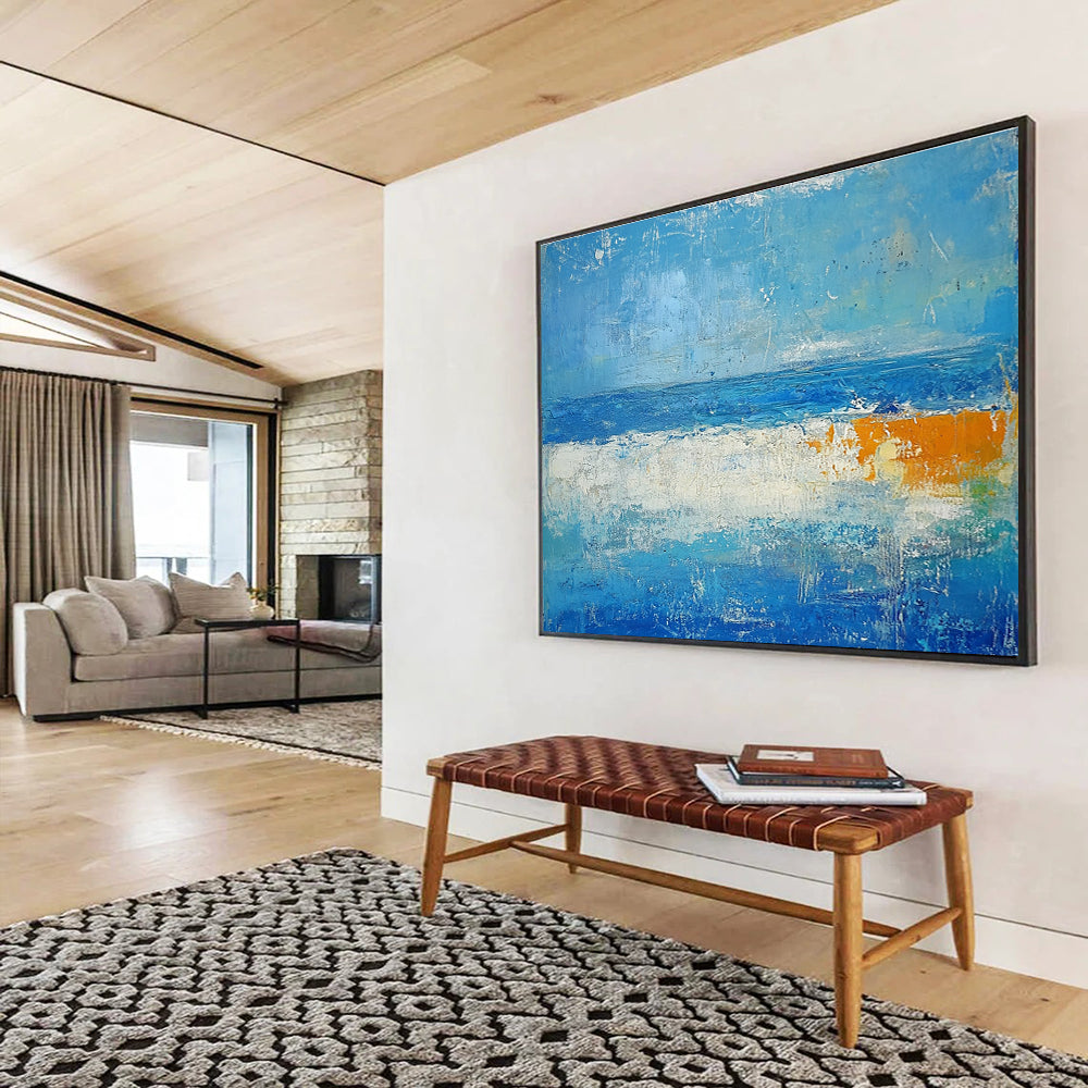 Large Contemporary Wall Art Blue, White & Orange Textured Coastal Abstract Painting HPS286
