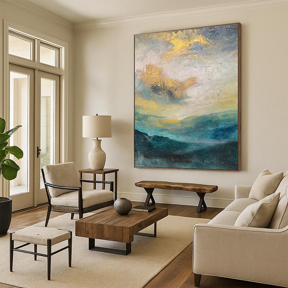 Hand Painting Teal, Gold, and Gray Landscape-Inspired Abstract Art PT651