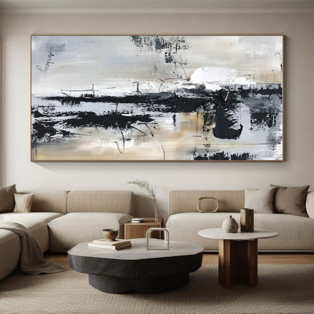 Large Contemporary Wall Art Black White Gray Abstract Textured Acrylic Art PT469