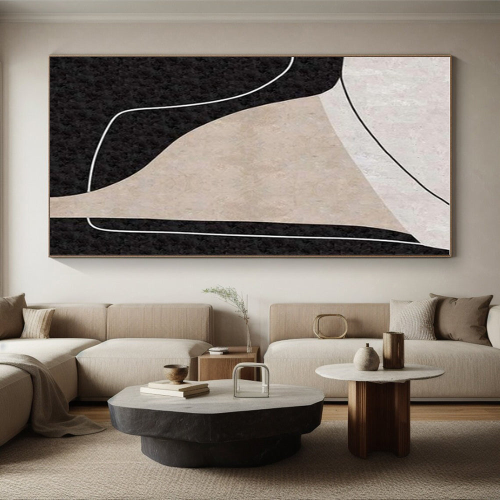 Hand-Painted Black, Beige, and White Geometric Abstract Art PT682