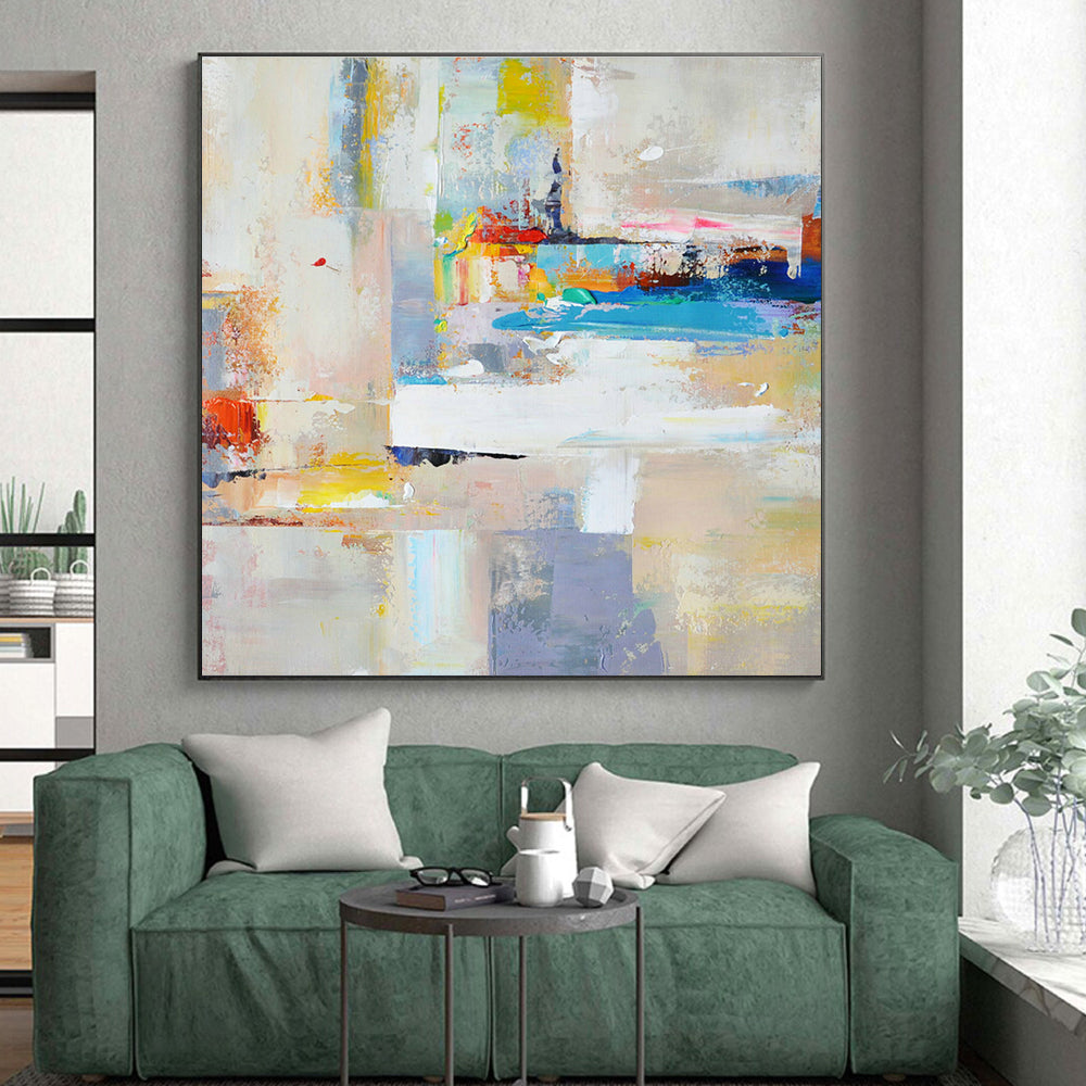 Acrylic Modern Art Paintings in Multicolor (Blue, Yellow, Red, White, Grey) Abstract Urban Compositions Painting On Canvas PT274